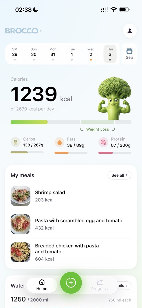 Главный экран Brocco с калориями, нутриентами и дневником питания